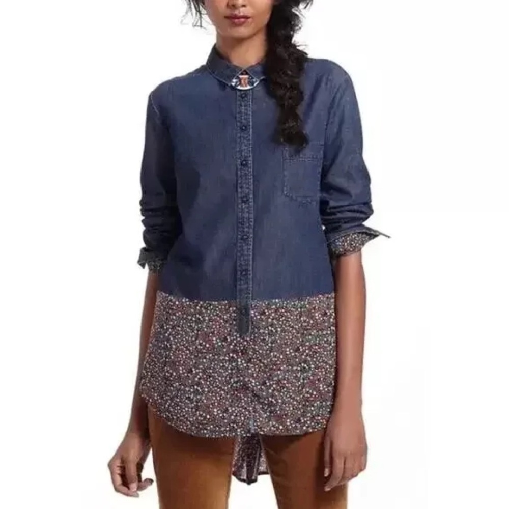 Postmark‎ Anthropologie  Flora-Spliced Chambray Floral Button Top Size 0